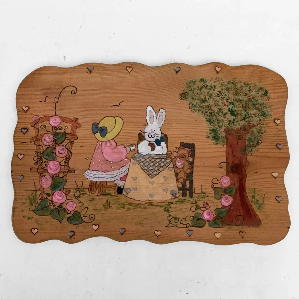 VTG 80s Hand Painted Wood Plaque Garden Tea Party Bunny Easter Scalloped Edge